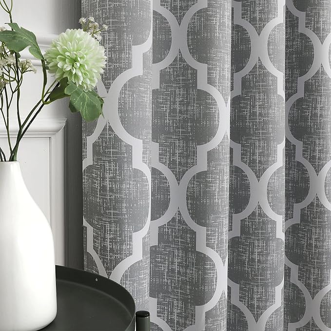 Beauoop 100% Blackout Curtains 54 Inches Long 2 Panels for Bedroom Living Room Grey Moroccan Geo Room Darkening Thermal Insulated Soundproof Grommet Top Window Treatments Drapes, 50x54 Set of 2