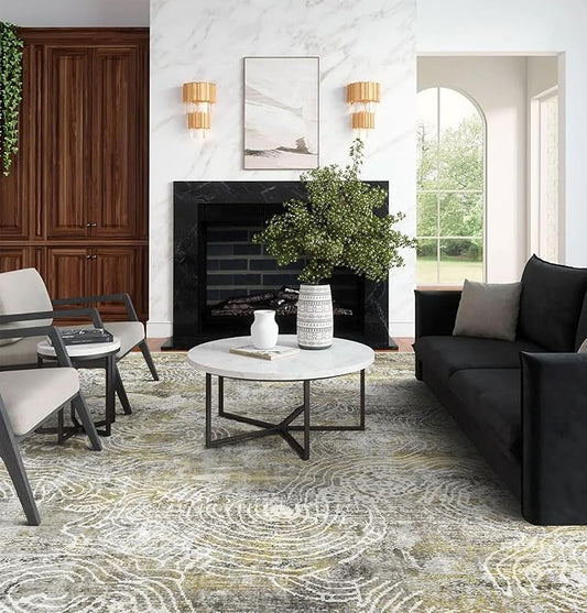 5x7 Area Rugs - Ultra-Thin Washable Rug with Non-Slip Backing, Ideal for Living Room, Bedroom, Kitchen Floor Carpet - Modern Abstract Style, Easy Clean, Durable, Mustard