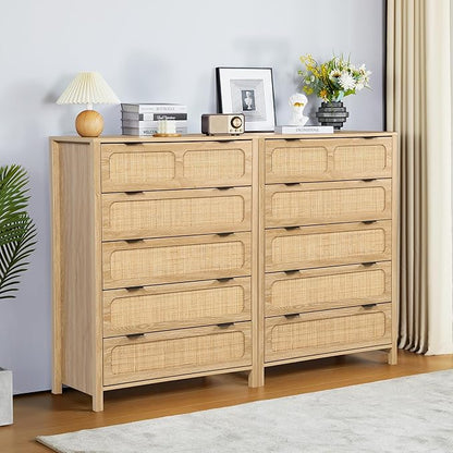 LEVNARY 5 Drawer Chest Dresser, Rattan Tall Dresser 5 Chest of Drawers Dressers for Bedroom, Wooden Storage Cane Cabinet with Metal Handles for Living Room Hallway (Natural)