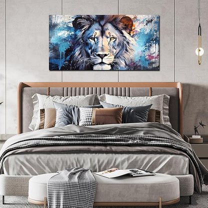 ENTANUB Lion Wall Art for Living Room, Animal Canvas Print Painting for Bedroom, Blue Picture Decor, Size 40x20 Inches