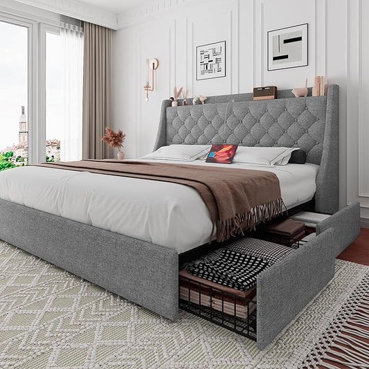 iPormis Full Size Bed Frame with 4 Storage Drawers, Upholstered Platform Bed Frame with Type-C & USB Ports, Wingback Storage Headboard, Solid Wood Slats, No Box Spring Needed, Light Gray