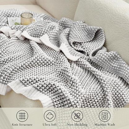 Amélie Home Waffle Chenille Throw Blanket for Couch, Pineapple Stitch Knit Soft Cozy Knit Blanket Decorative Throw for Sofa, Chair, 60"x80", Grey&Ivory