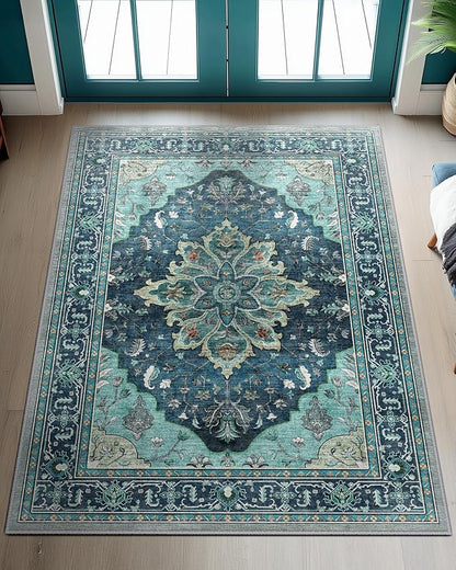Area Rugs 3'x4' Washable Non-Slip, Floral Vintage Distress Print Pattern Medallion Carpet for Living Room Bedroom Dining Room, Teal Green Lake Blue Turquoise