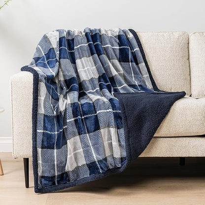PAVILIA Blue Navy Plaid Sherpa Throw Blanket for Couch Twin, Plush Flannel Fleece, Soft Fuzzy Cabin for Sofa Bed, Warm Cozy Winter Gift, 60x80