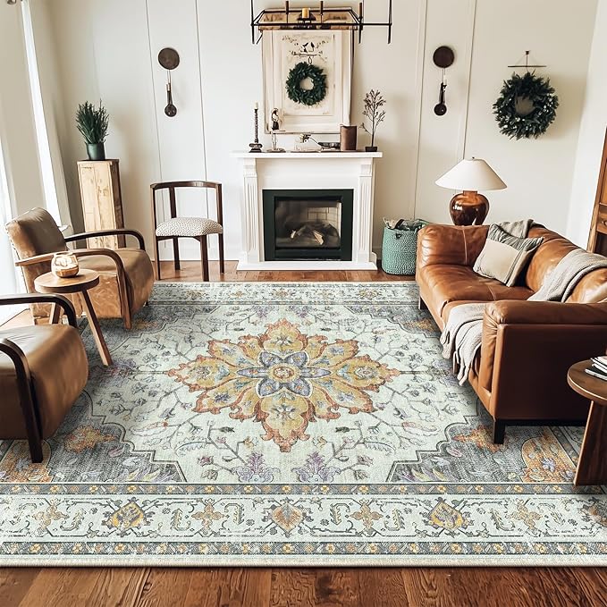 Area Rugs 9'x12' Washable Non-Slip, Floral Vintage Distress Print Pattern Medallion Carpet for Living Room Bedroom Dining Room, Light Yellow Carbon Grey Orange
