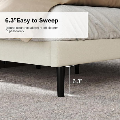 Queen Size Bed Frame with Fabric Upholstered Headboard, Platform Bed with Wooden Slats Support, Fully Mattress Foundation, Box Spring Optional, Easy Assembly