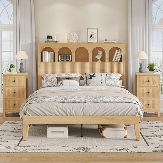 Queen Bed Frame, Storage Headboard with 5 Arched Storage Compartments, 12.4 Inch Farmhouse Wooden Queen Bed Frame, No Box Spring Needed, No Noise (Wood Color)