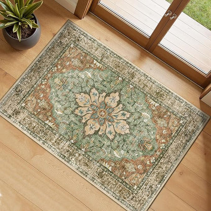 Area Rugs 2'x3' Washable Non-Slip, Floral Vintage Distress Print Pattern Medallion Carpet for Living Room Bedroom Dining Room, Brick Red Rust Neutral Brown Burnt Orange Green