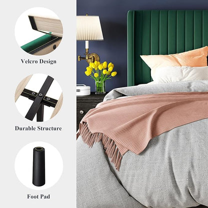 Allewie Full Size Bed Frame/Velvet Upholstered Platform Bed/Vertical Channel Tufted Wingback Headboard/Strong Wooden Slats/No Box Spring Needed/Easy Assembly/Green