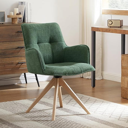 Art Leon Office Chair No Wheels - Mid Century Modern Swivel Desk Chair, Faux Leather Upholstered Accent Chair with Oak Wood Legs for Small Space Living Room Bedroom, Green