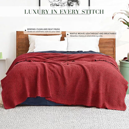 Salt Earth 100% Cotton Throw Blanket, Queen, 90"X92" Waffle Throws for Home, Bedrooms, Outdoor Couch Office Couch, Modern Cozy Room Decor Blankets, Lightweight, All Season Western Blanket (Red)