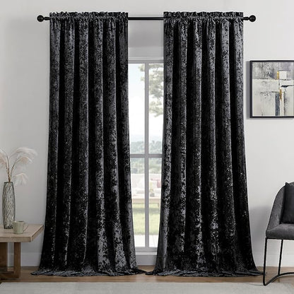 SMILETIME Black Crushed Velvet Curtains 52x108inch Rod Pocket Luxurious Thermal Insulated Soundproof Drapes Soft and Durable Light-Filtering Window Treatments for Living Room Bedroom, 2 Panels
