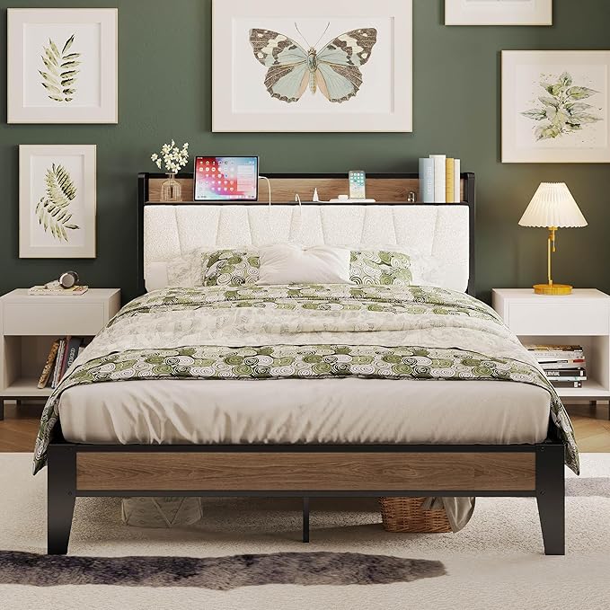 LIKIMIO Full Bed Frames, Storage Headboard with Charging Station, Solid and Stable, Noise Free, No Box Spring Needed, Easy Assembly, Wood and Cream