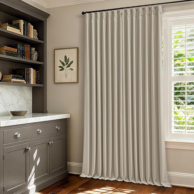 Pinch Pleated Blackout 90 Inch Curtains 70 Inch Wide Linen Dual Layer Soundproof Farmhouse Bedroom Window Curtains for Living Room Sliding Door with Hooks Rings Back Tab 100% Black Out Drapes 1 Panel