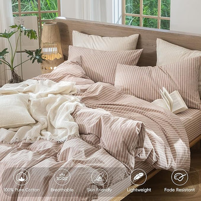 MooMee Striped Duvet Cover Set 100% Washed Cotton Linen Like Textured Breathable Durable Soft Comfy (Orange White Wide Stripes, Palatial King/Oversized King 120"x98")