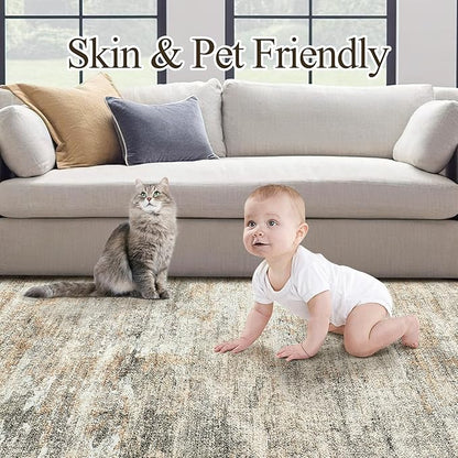 6x9 Abstract Area Rugs for Living Room 6 x 9 Washable Non Slip Low Pile Rugs for Bedroom Dining Room Foldable Thin Brown Grey