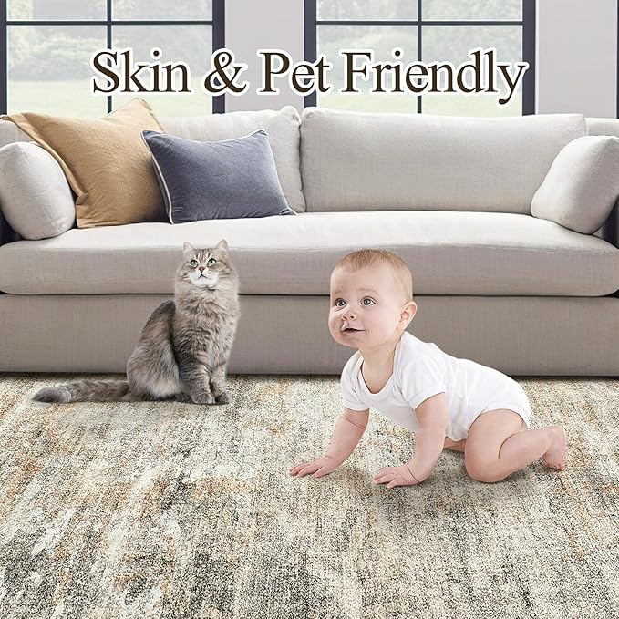 Abstract Rug 8x10 Large Living Room Rugs Neutral Modern Washable Area Rugs for Bedroom Dining Room Non-Slip Stain Resistant Foldable Thin Rug Brown Grey