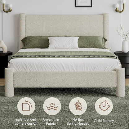 Queen Size Bed Frame, Boucle Upholstered Platform Bed with Headboard and Footboard, Soft Rounded Corners, No Box Spring Required, Easy Assembly, Cream