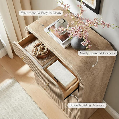 T4TREAM Fluted Dresser with 5 Drawers, 48" Tall Modern Chest of Drawers with Thickened Curved Profile Design, Wood Closet Clothes Storage Organizer for Bedroom, Living Room, Hallway, Natural Oak