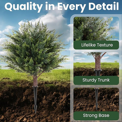 23.6" Artificial Topiary Cedar Trees with 4 Ground Stakes, Faux Outdoor Evergreen Shrubs, UV Resistant Fake Cedar Plants for Porch, Patio, Garden, Yard, Lawn, Landscape Decoration - 2 Pack