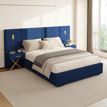 DEINPPA Luxury Queen Bed Frame with Built-in Gold LED Lights and Nightstands, Queen Size Platform Bed with Oversize Upholstered Headboard, No Box Spring Needed-Royal Blue