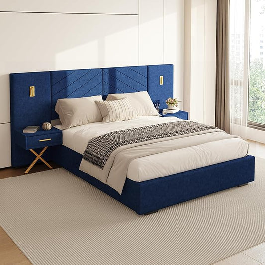 DEINPPA Luxury Queen Bed Frame with Built-in Gold LED Lights and Nightstands, Queen Size Platform Bed with Oversize Upholstered Headboard, No Box Spring Needed-Royal Blue