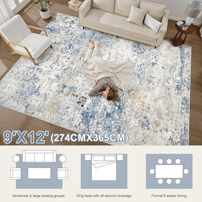 Area Rug Living Room Rugs - 9x12 Abstract Large Soft Indoor Washable Rug Neutral Modern Low Pile Carpet for Bedroom Dining Room Farmhouse Home Office - Blue