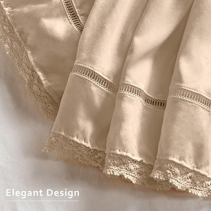 MIYE Wrap Around Ruffled Lace Bed Skirt, Elastic Dust Ruffle with Adjustable Belts, Easy to Put On, Bed Frame Cover, Machine Washable (Floral Lace/Beige, King/Queen-12.5" Drop)