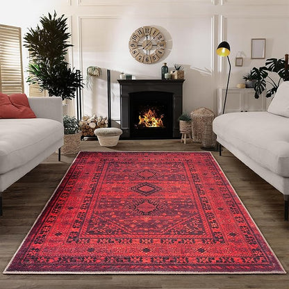 Bloom Rugs Washable Non-Slip 5' x 7' Rug - Red Traditional Bordered Area Rug for Living Room, Bedroom, Dining Room, and Kitchen - Exact Size: 5' x 7'