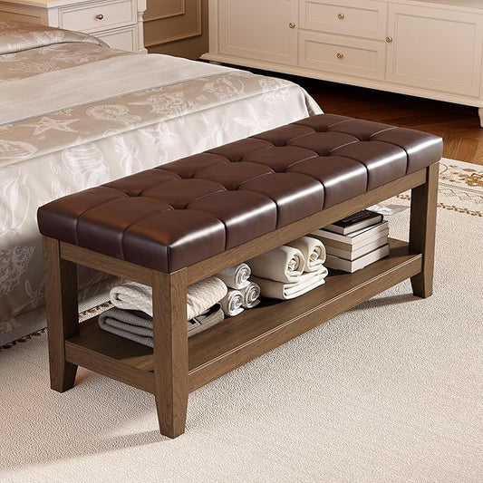 Solid Rubber Wood Shoe Bench, Easy-Clean PU Upholstered Seat, 770LB Load, Space-Saving Storage for Entryway/Living Room, Easy Assembly, Vintage Style, 43.3"x15.7"x17.7", Brown, UASND65R