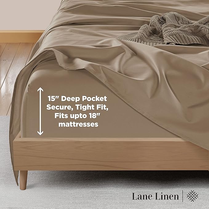 LANE LINEN 600 Thread Count 100% Mercerized Cotton Twin Sheets Set - Soft & Comfy Bed Sheets Set, Mercerized Cotton Sheets Set Twin Size, 15" Deep Pocket Twin Bedding Sheets & Pillowcases Set - Taupe