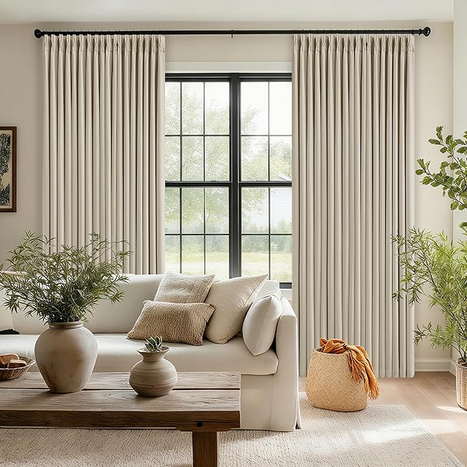 Neutral Beige Linen Pinch Pleated Blackout Curtains 84 Inches Long for Bedroom Living Room Darkening 100% Black Out Pinch Pleat Drape with Liner Farmhouse 84 Inch Curtain for Dining Room Oatmeal Sand