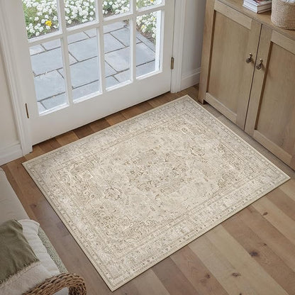 Brown 2x3 Area Rug Washable Vintage Small Carpet for Entryway Kitchen Soft Retro Floral Low Pile Thin Door Mat Non Slip Central Medallion Throw Rug for Bathroom Office Bedroom Dining Room