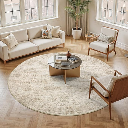 9x9 Beige Round Rug 9ft Living Room Circle Rug Vintage Round Area Rug Non Slip Indoor Carpet for Apartment