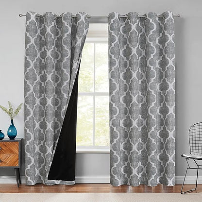 Beauoop 100% Blackout Curtains 84 Inches Long 2 Panels for Bedroom Living Room Grey Moroccan Geo Room Darkening Thermal Insulated Soundproof Grommet Top Window Treatments Drapes, 50x84 Set of 2