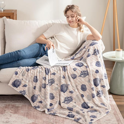 Berkshire Blanket-Classic Heavyweight Soft Printed VelvetLoft® Plush Throw Blanket, Cozy and Fuzzy, Classic Shells Navy, 50in x 70in
