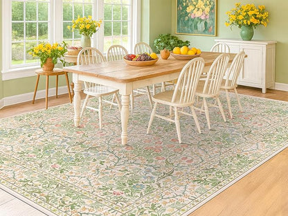 Light Beige Green Area Rugs for Dining Room, 6x9 Washable Area Rug for Bedroom, Living Room, Nursery Room, Kids Play Room, Low Pile Non-Slip - Vintage Design & Stain Resistance