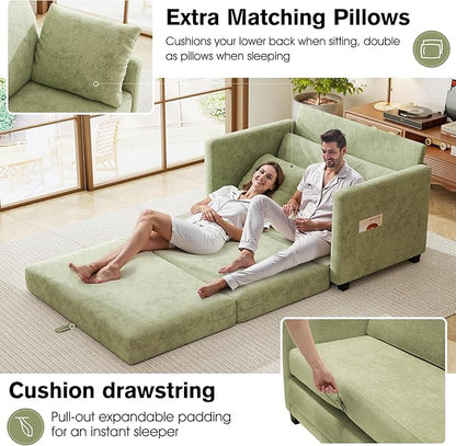 51" Loveseat Sleeper Sofa Bed, Chenille Convertible Floor Sofa Bed for Small Spaces, Folding Couch Bed with Deep Seat, 2 Pillows & Solid Frame, Pull Out Couch for Living Room, Light Green