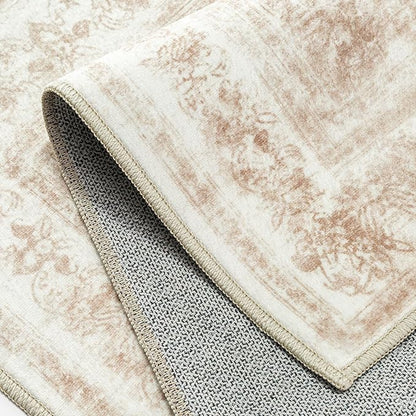 Area Rug 2x3 Cream Washable Entryway Vintage Medallion Beige Carpet Non Slip Low Pile Soft Doormat Distressed Retro Indoor Small Rug for Kitchen Bedroom Laundry Bathroom