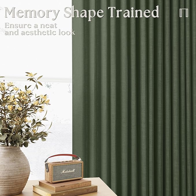 Pleated Linen Curtains 90 Inches Long for Living Room Pinch Pleat Hooks for Track System Back Tab Custom Made Memory Shape Drape Light Filtering Olive Green Living Room Bedroom Window Curtain 90 Inch