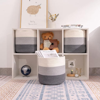 voten Woven Cotton Rope Round 11x11x11'' Storage Cubes Baskets Bins Organizer, 3-Tone Gray, 3-Pack