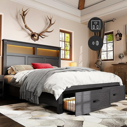 53" Tall King Bed Frame with Headboard and Storage, 2 Drawers and LED Built in Charging Station Bed Frame King Size with Farmhouse Roman Column Decoration,No Box Spring Needed (Black)