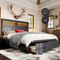 53" Tall King Bed Frame with Headboard and Storage, 2 Drawers and LED Built in Charging Station Bed Frame King Size with Farmhouse Roman Column Decoration,No Box Spring Needed (Black)