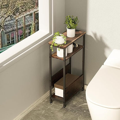 THUMEYE 7.1" Narrow Side Table for Small Spaces, 3 Tier Small End Table with Magazine Holder, Slim/Skinny Nightstand/Bedside Table for Living Room, Bedroom, 15.4" L x 24.2" H