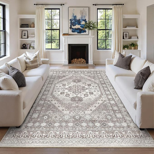 zesthome 9x12 Area Rugs,Stain Resistant Washable Rug,Ultra-Thin Rugs for Living Room,Bedroom,Non-Slip Backing Home Decor Large Area Rug (Brown/Beige,9'x12')
