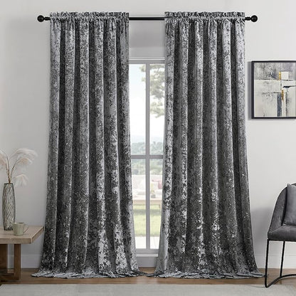 SMILETIME Grey Crushed Velvet Curtains 52x84inch Rod Pocket Luxurious Thermal Insulated Soundproof Drapes Soft and Durable Light-Filtering Window Treatments for Living Room Bedroom, 2 Panels