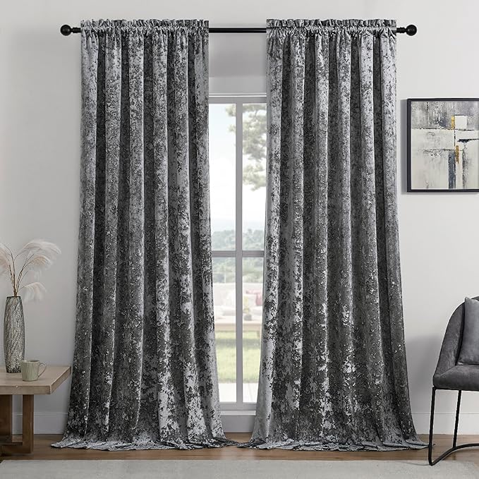 SMILETIME Grey Crushed Velvet Curtains 52x108inch Rod Pocket Luxurious Thermal Insulated Soundproof Drapes Soft and Durable Light-Filtering Window Treatments for Living Room Bedroom, 2 Panels