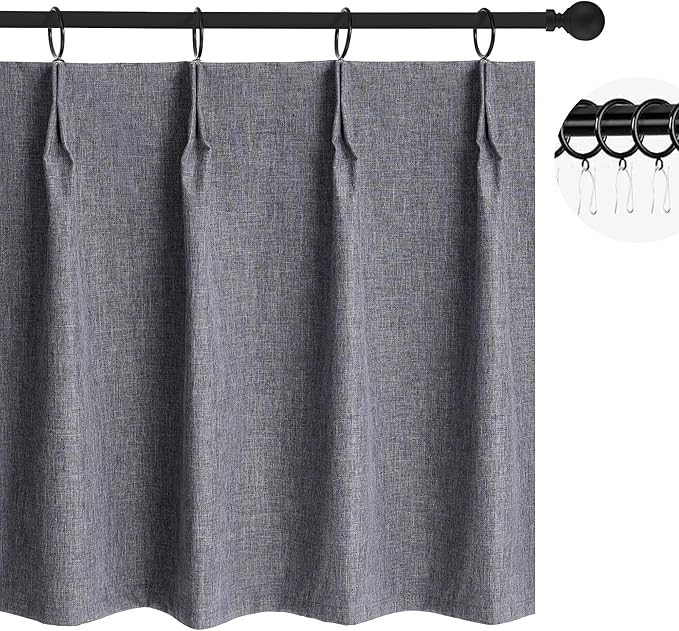 WdFour Small Pinch Pleated, Full Blackout Linen Look Window Curtains for Bathroom, Living Room, Bedroom, Block Lights and Offer Privacy.(Dark Gray,24" W x 24" L)