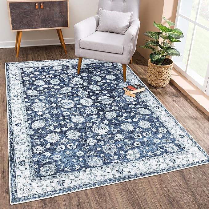 Bloom Rugs Washable Non-Slip 9' x 12' Rug - Dark Blue Traditional Bordered Area Rug for Living Room, Bedroom, Dining Room, and Kitchen - Exact Size: 9' x 12'