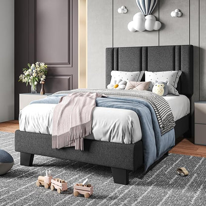 Upholstered Twin Size Bed Frame with Linen Fabric Headboard, Strong Wooden Slats Support, Noise Free, No Box Spring Needed, Dark Grey